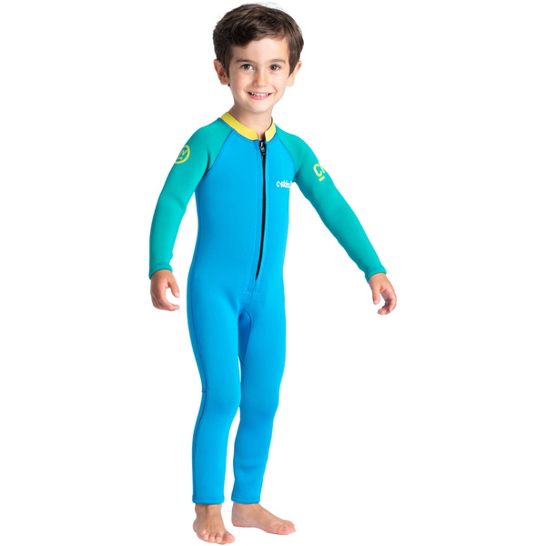 2025 C-Skins Junior C-KID 3/2mm Front Zip Våddragt C-BA32ST - Cyan / Green / Aurora Yellow